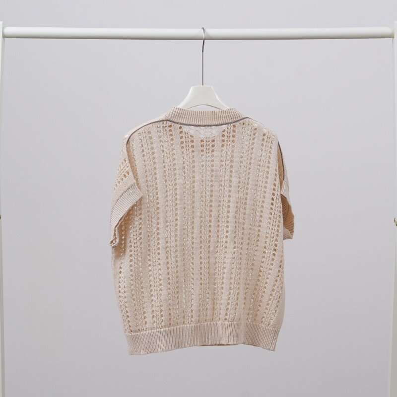 YG Knit sweater Summer high-end fashion women's cutout with sequins and beaded design crew neck short-sleeved pullover