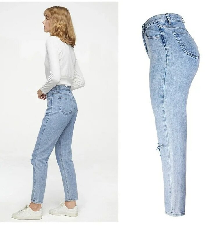 Lichtblauwe Hoge Taille Wassen Knoop Rechte Jeans Boyfriend Style Gebleekte Gescheurde Broek Klassieke Vrouwen Losse Casual Denim Broek