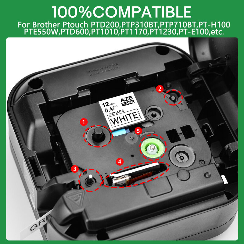 Cinta TZ Compatible con cartucho de etiquetas Brother, cinta de etiquetado para fabricante de etiquetas de la serie p-touch, 9mm/12mm/18mm, 211, 221, 231, 251, 1 unidad