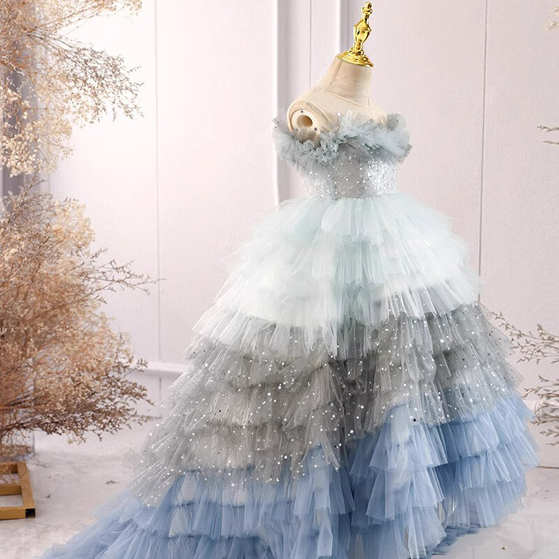 Elegancka sukienki dla dziewczynek kwiatowa piłka z okrągłym dekoltem wyrosła księżniczka Beteal wieczorna impreza HI-Lo wspaniała sukienki na powrót do domu Cilebrity suknia