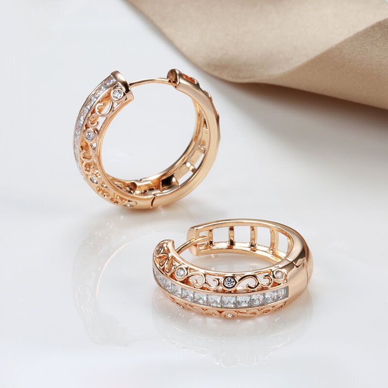Nyoujyo Retro okrągłe puste błyszczące naturalne kolczyki z cyrkonią dla kobiet 585 różowo-złoty kolor unikatowy lekki luksusowy imprezowa biżuteria