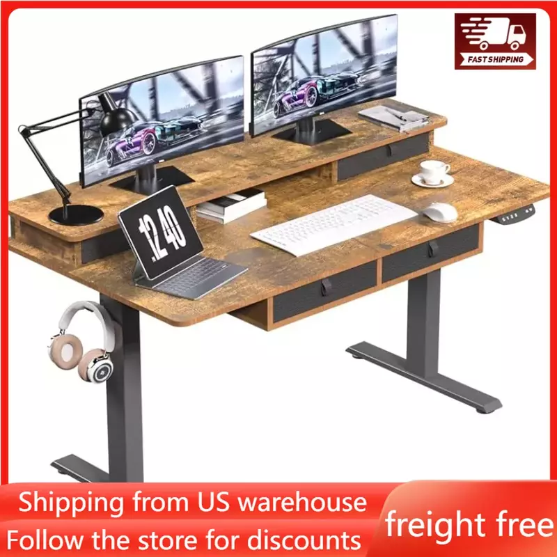 55 * 30 Inches Electric Standing Widened Desk Adjustable Height with 4 Drawers,Double Storage Shelves Stand Up Desk,Home Office