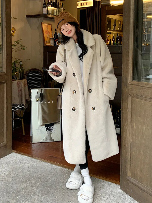 Утолщенные Теплые Длинные куртки из искусственного меха, Свободные теплые женские пальто, Корейская зимняя пушистая подкладка, верхняя одежда, женское роскошное пальто
