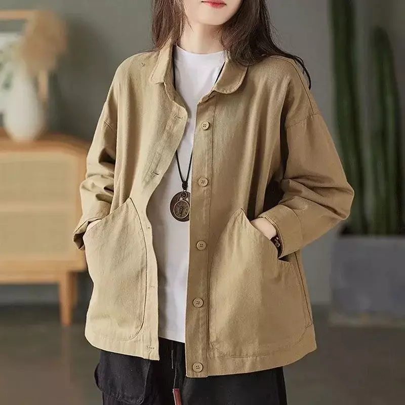 2024 Spring and Autumn Season Art Retro Simple Twill Cotton Solid Pocket Single Breasted Loose and Versatile Women's Shirt Coat