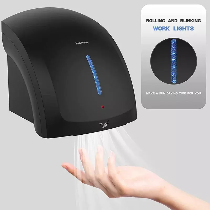 Secador de mãos comercial automático com luz de trabalho LED, alta velocidade, secadores plug-in para banheiros, 1800W