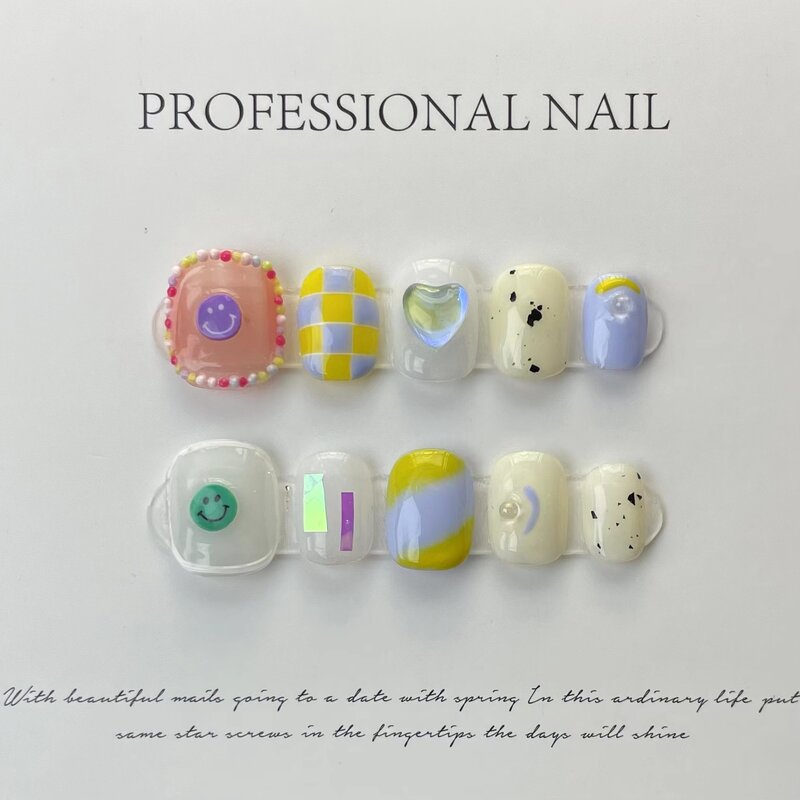 10 pezzi colorati estivi fatti a mano stampa sulle unghie unghie finte quadrate corte copertura completa carino dolce lucido indossabile punte per unghie artificiali