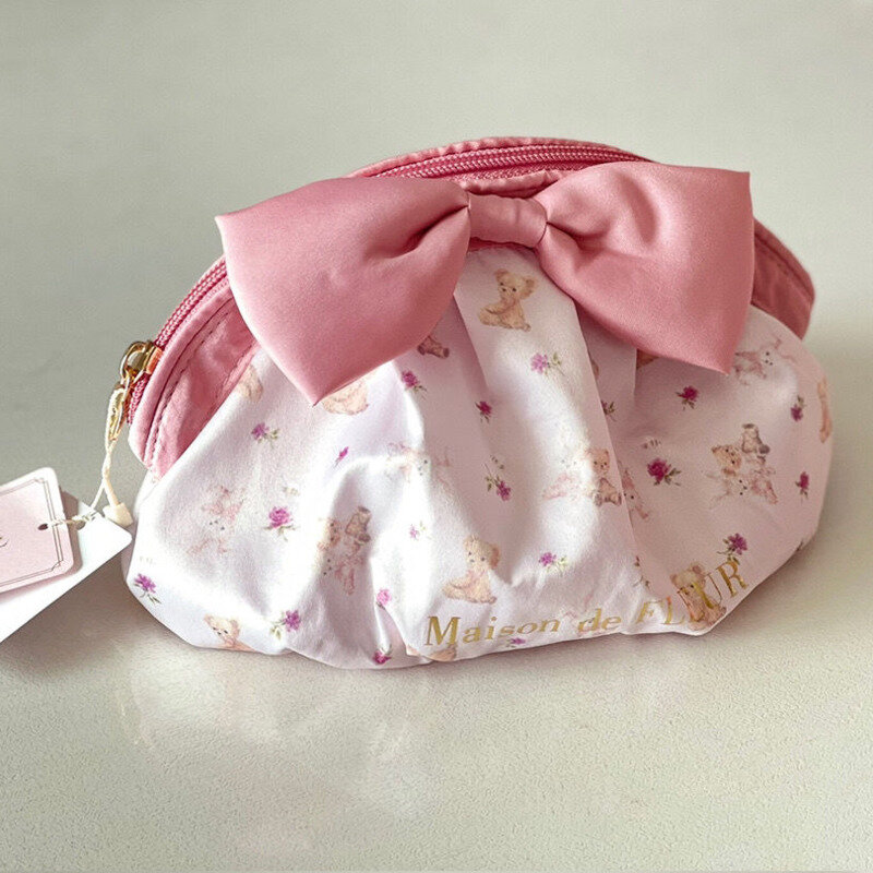 Japoński styl z różową kokardką torby kosmetyczne uroczy nadruk niedźwiedzia kosmetyczka duża pojemność torba kształt poduszki suwak kosmetyczna torba dla kobiet