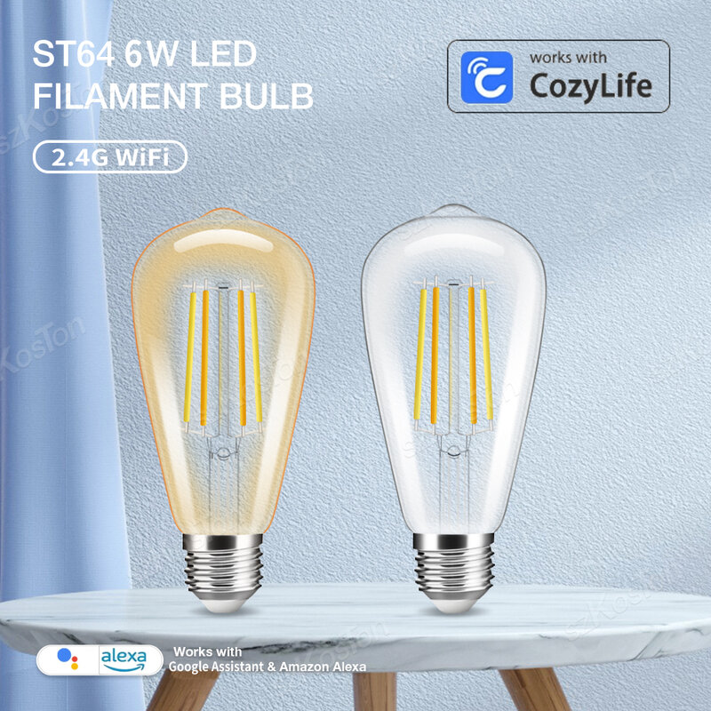 خيوط ذكية LED لمبة مصباح ، نمط الرجعية ، واي فاي ، أبيض دافئ ، ضوء عكس الضوء ، صوت ، يعمل مع اليكسا ، جوجل ، CozyLife APP ، ST64 ، E27 ، 2 قطعة