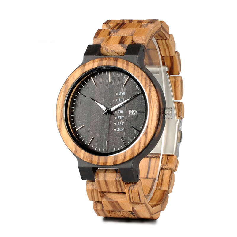 Męska drewniany wyświetlacz zegarka zegarek Quartz z datą, wszechstronna ręcznie robiona lekka zegarek analogowy. Świetny prezent dla rodziny i przyjaciół