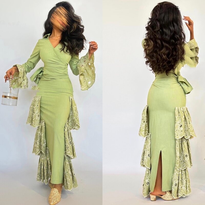 فستان حفلة موسيقية بكشكشة بطيات ، فساتين متوسطة الطول برقبة على شكل حرف V ، قميص عربي سعودي ، فستان مناسبة مخصص