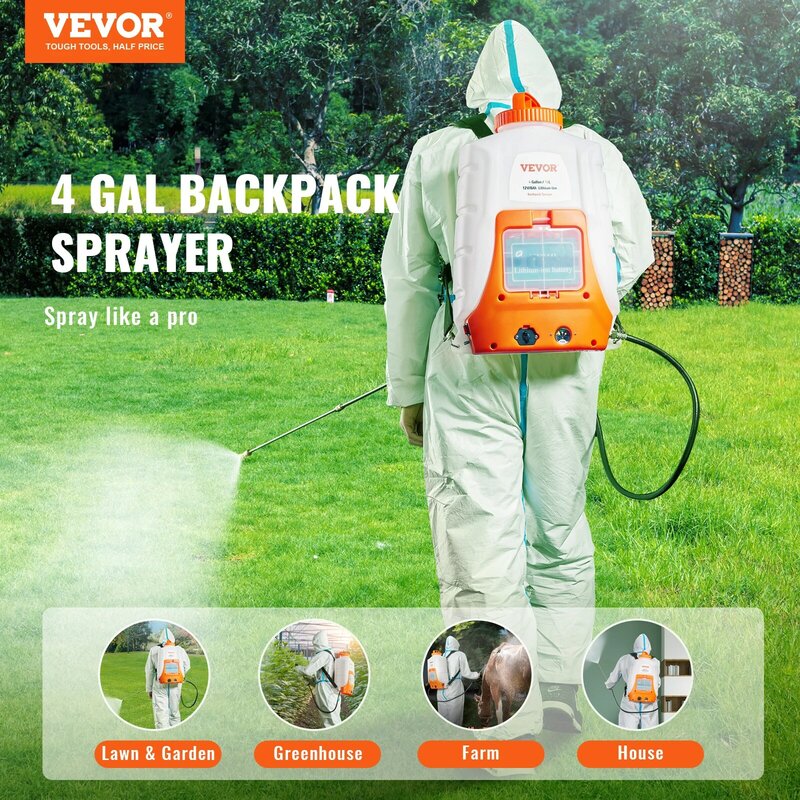 VEVOR Battery Powered Backpack Sprayer Adjustable Pressure 4 Gallon Tank with 8/ 6 Nozzles 2 Wands for Weeding Spraying Cleaning