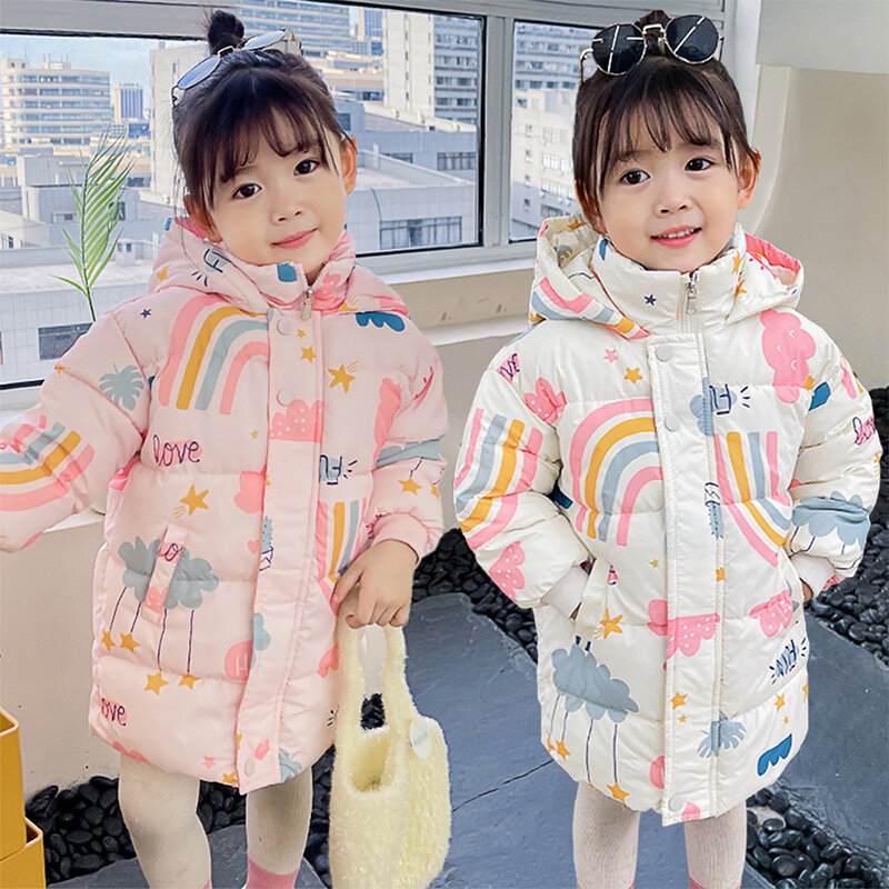 Jaket panjang bertudung untuk anak perempuan, mantel katun tetap hangat musim dingin, jaket penahan angin bertudung untuk 2-7 tahun pakaian anak-anak