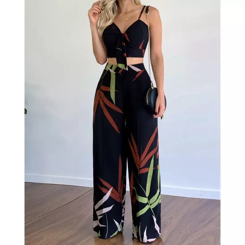 Summer Women Tropical Print Spaghetti Strap Casual Lace up Back Top &High Waist Pants Set 2 Pieces Suit Sets 2023 Woman Clothing