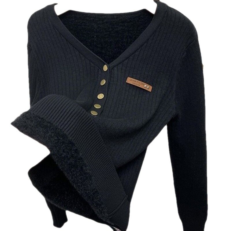 Camisola de veludo casual com decote v feminino, pulôver básico de malha sólida, suéteres de fundo, decoração de botões, grosso, quente, mais, inverno