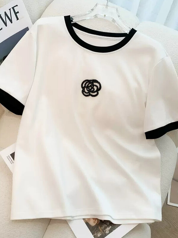 Camiseta de manga curta e calça feminina de flores tridimensionais, fato de treino casual, Y2K Street, conjunto feminino de duas peças, verão, 2024