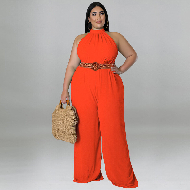 Plus Size Women Jumpsuits Fashion Solid Color Sexy Sleeveless Loose Jumpsuit Large Size Lady Casual Wide Leg Jumpsuit With Belt