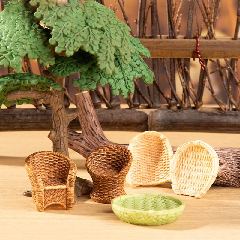 Cesta de bambu para Dollhouse, Dustpan e cadeira, móveis em miniatura, acessórios, nova decoração, 1:12, 1pc