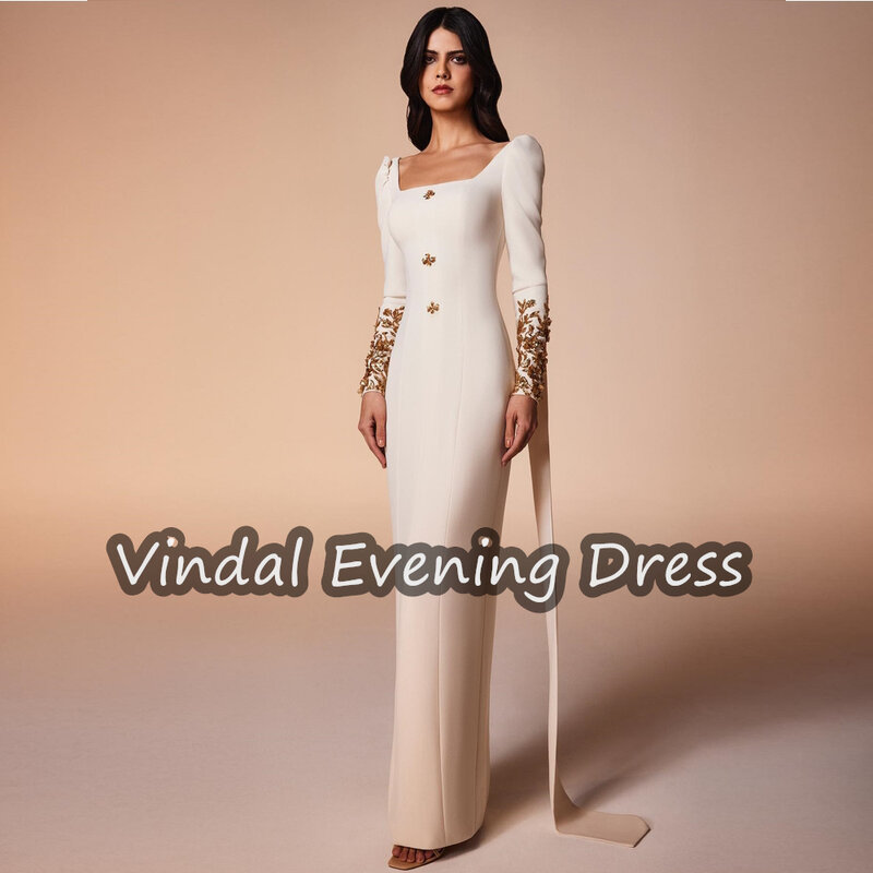 Vindal-vestido de noche con escote cuadrado para mujer, traje de sirena hasta el suelo, elegante sujetador incorporado de crepé, mangas largas de Arabia Saudita, 2024