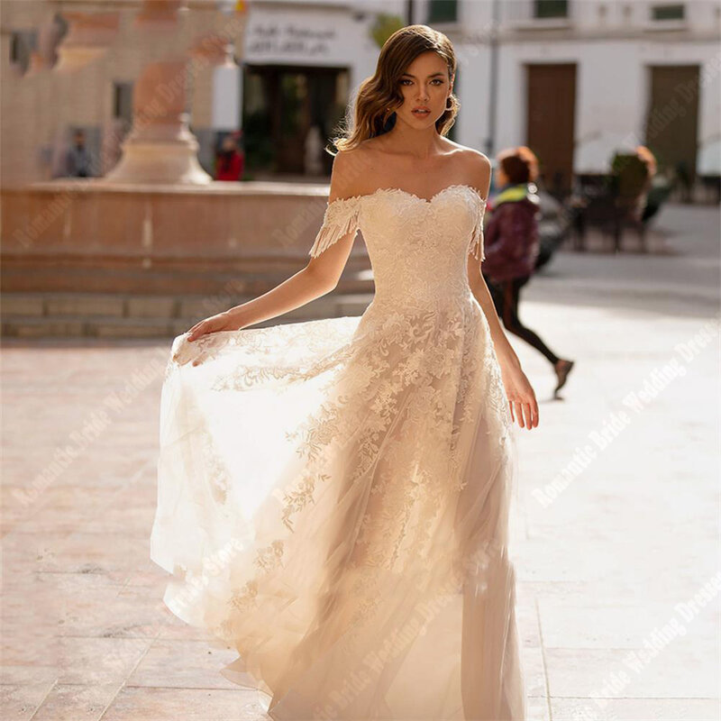 Elegant Princess Sleeveles Wedding Dresses Popular Lace Decals Tulle Bridal Gowns Bright Surface  Bohemian Lady Vestido De Novia