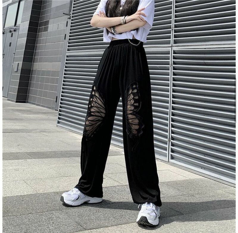 High Waisted Pants New Loose and Slimming Hollow Butterfly Lace Patchwork Straight Leg Casual Pants