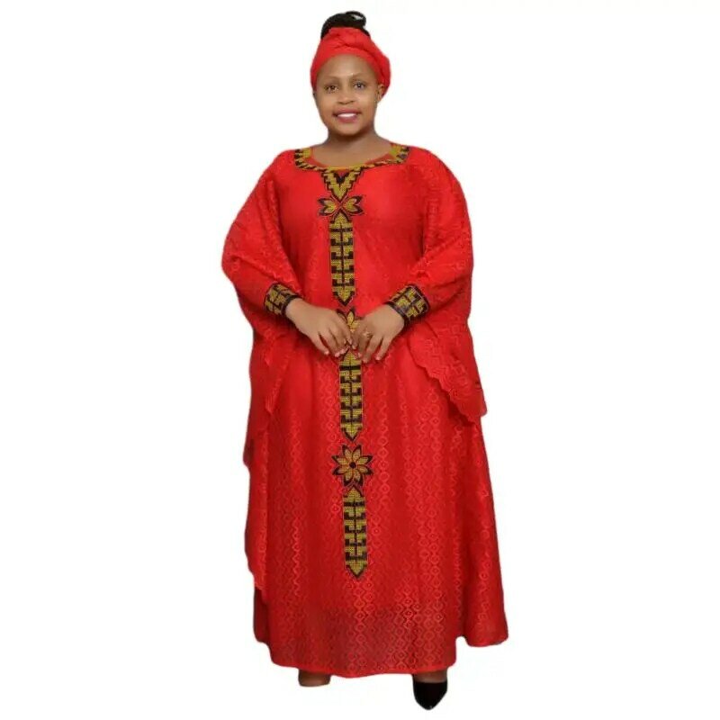 With Headtie Fashion African Dresses for Women Muslim Lace Boubou Dashiki Traditional Africa Clothes Ankara Outfits Evening Gown