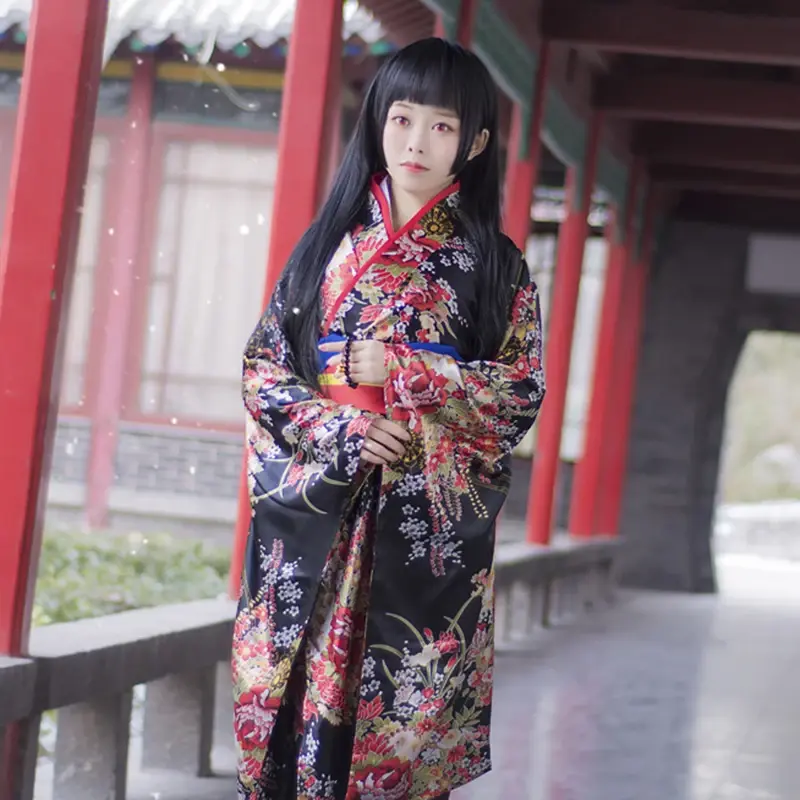女性のためのyukataロングドレス、セクシーな日本の着物、花、伝統的、ハロウィーンのパーティーの衣装