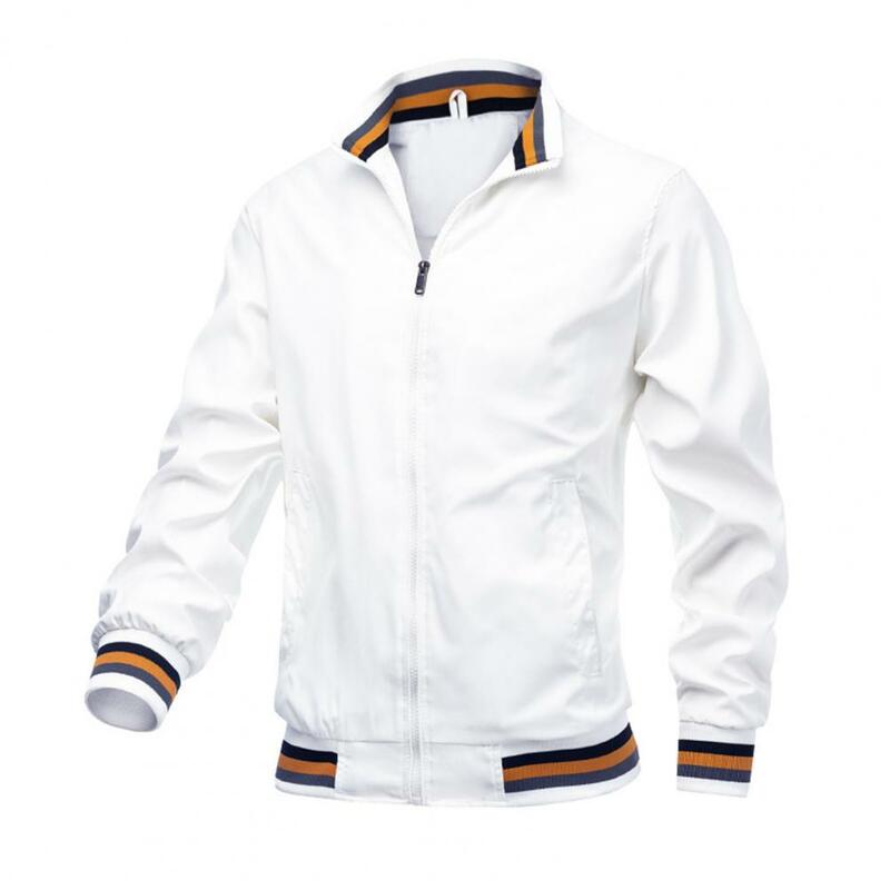 Jaqueta casual de manga comprida masculina, corta-vento monocromático, gola alta, bolsos laterais, com zíper, sobretudo esportivo, primavera, outono