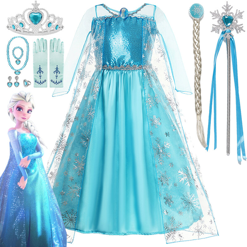 Gaun putri Elsa Frozen, kostum Ratu Salju Frozen Elsa pakaian Cosplay Purim karnaval pesta ulang tahun