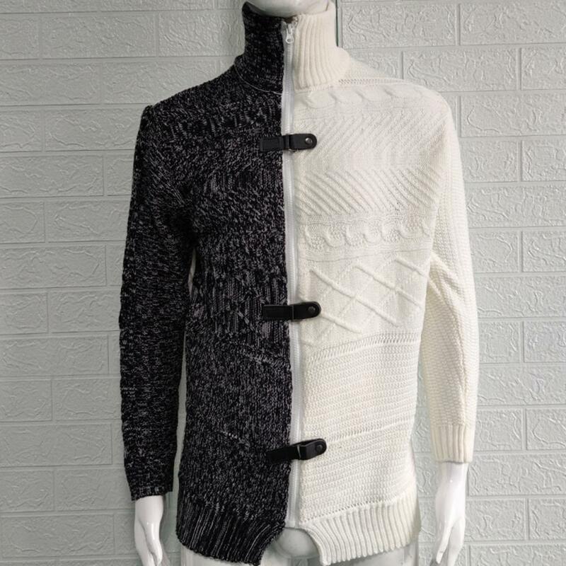 남성 트렌디 스웨터 코트, 하이 칼라 버클, 남성 겨울 스웨터 코트, 대비 색상, 남성 스웨터 코트