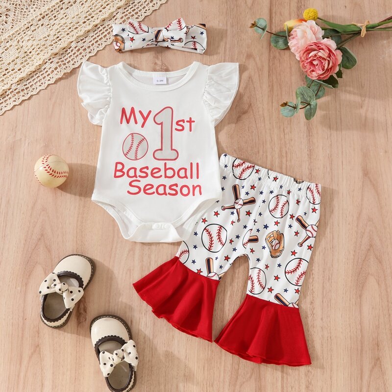 2024-03-19 Lioraitiin Infant Baby Girl Outfit Letter Flying Sleeve Romper with Baseball Pattern Flare Pants Headband 3Pcs Outfit