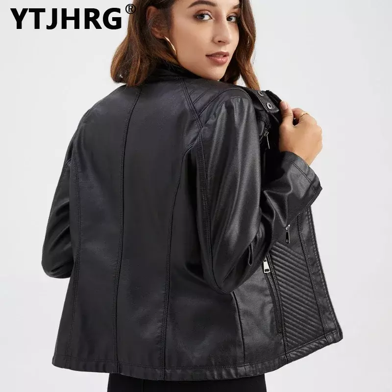 YTJHRG-jaquetas de couro de manga comprida para mulheres, tops de motociclista com zíper, roupas femininas, casacos para outono e inverno, novos, 2023