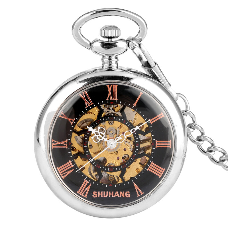 Rose Gold numerais romanos Dial elegante mão mecânica enrolamento Pocket Watch polimento prata pingente antigo elegante relógio de bolso