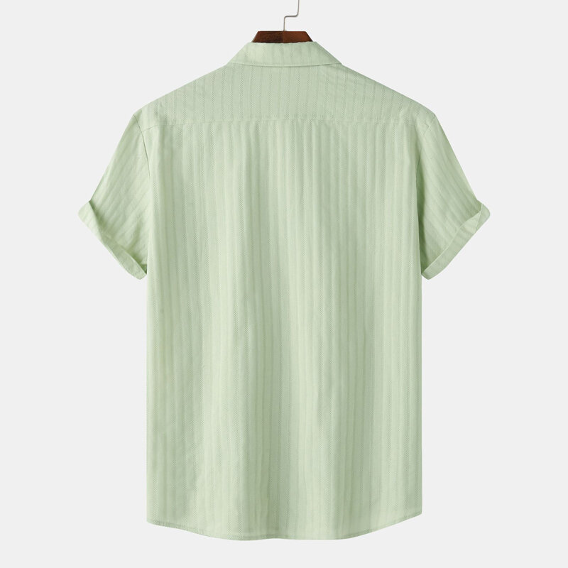Męska w pionowe paski żakardowa bawełna koszule plażowe 2024 lato z krótkim rękawem koszula hawajska mężczyzn w stylu Casual, imprezowa wakacje koszulka 2XL
