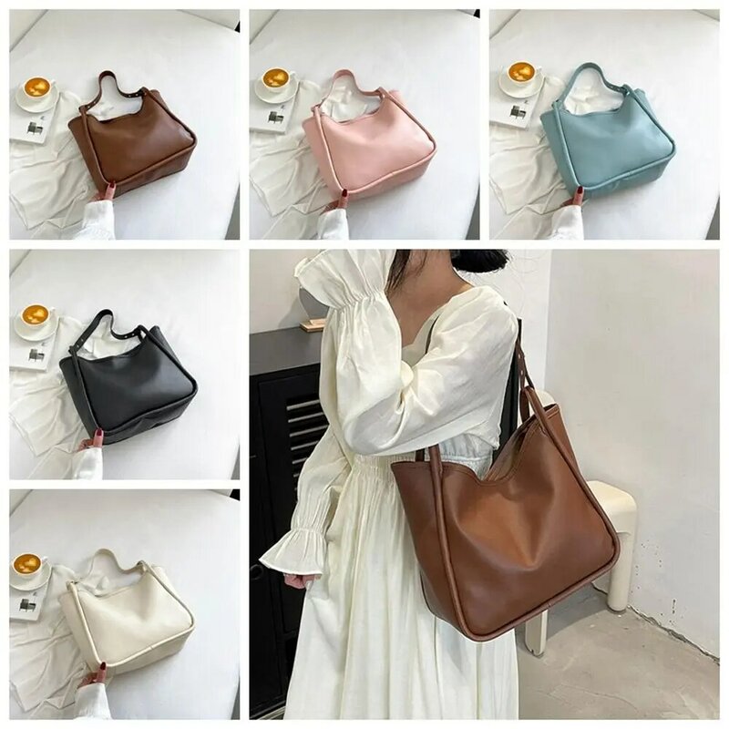 Ins Style PU Leather Tote Bag Soft Large Capacity Korean Bucket Shoulder Bag Shopping Bag Solid Color Ins Handbag Ladies/Girls