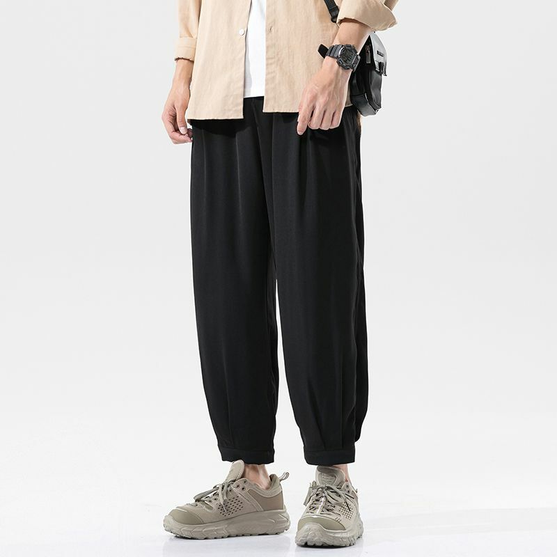Шаровары мужские из ледяного шелка, однотонные свободные прямые повседневные брюки в Корейском стиле, с эластичным поясом, большие размеры, на лето