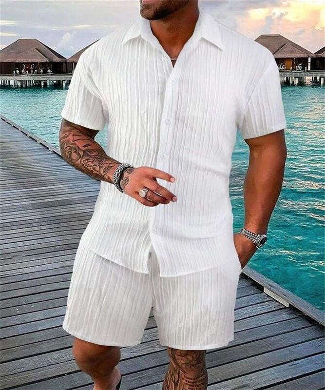 Рубашка Heilan мужская с короткими рукавами, модная пляжная Спортивная повседневная сорочка, свободные шорты в полоску, однотонный пляжный костюм, лето