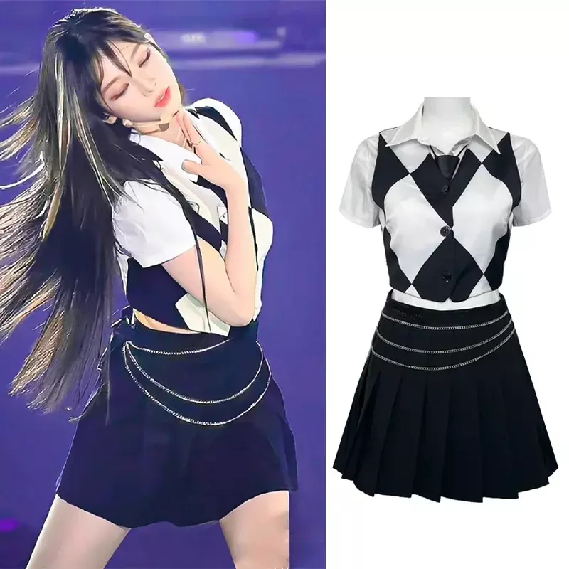 Kpop Girl Group kostum dansa Jazz seksi wanita, kemeja rok hitam putih, pakaian rompi kotak-kotak, kostum panggung Y2K