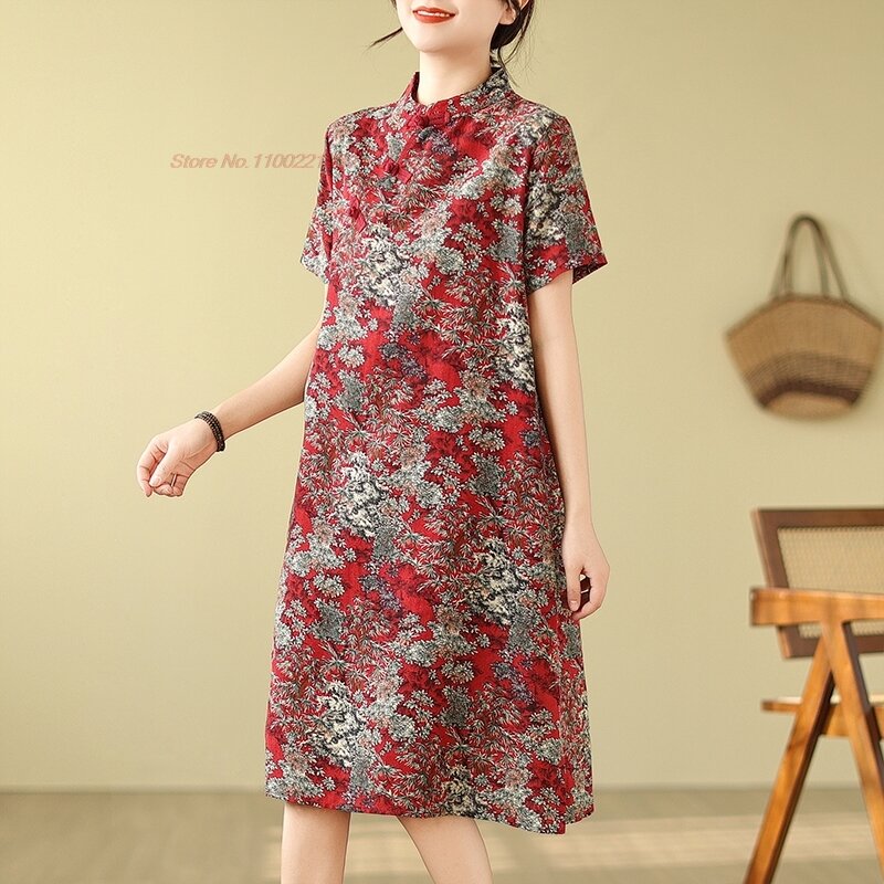 Vestido chino tradicional, cheongsam nacional de lino y algodón, estampado de flores, qipao, línea A, étnico oriental, mejorado, 2024