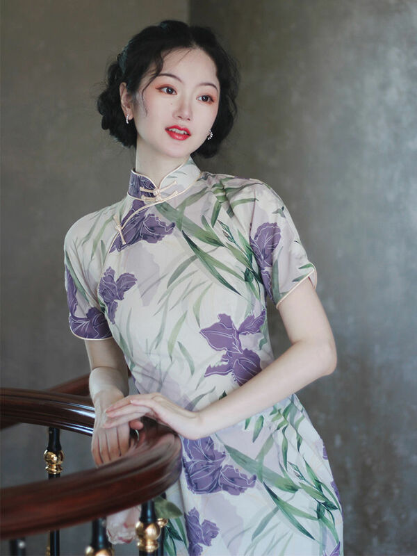 Vestido chinês Vintage Flor Impressão Qipao Mulheres Vestido Étnico Oriental Cheongsam Feminino Elegante Vestido De Noite Festa Floral Qipao
