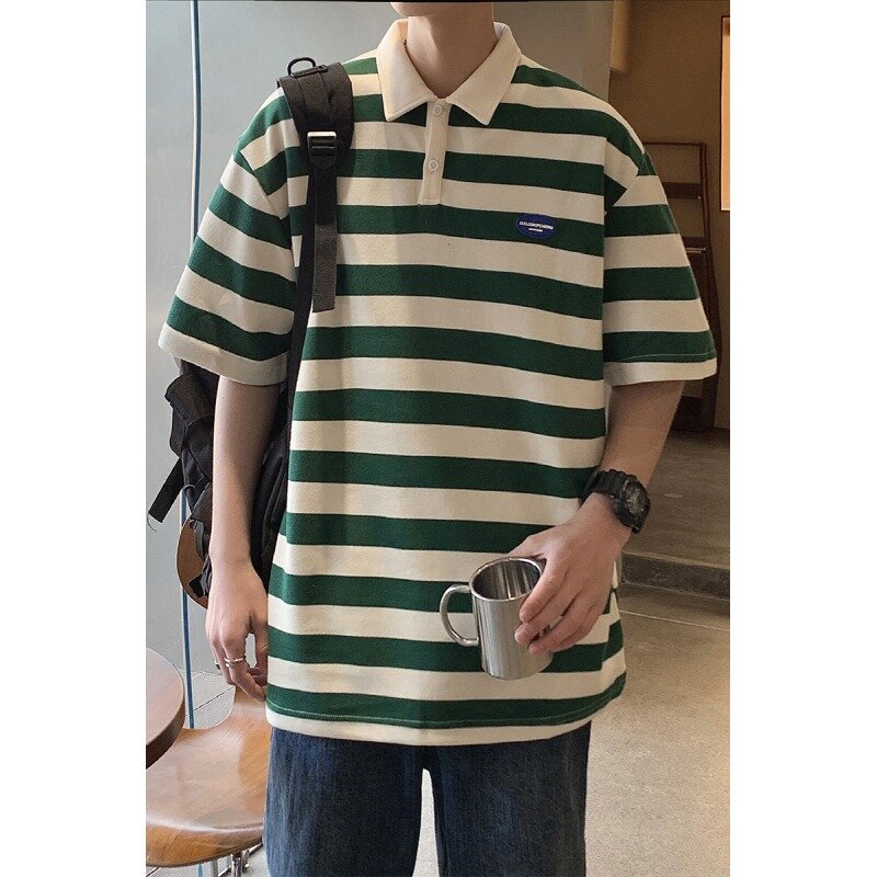 Kaos Polo pria lengan pendek, kaus Polo lengan pendek motif garis-garis, T-shirt lengan pendek kerah besar bergaya Amerika Hong Kong
