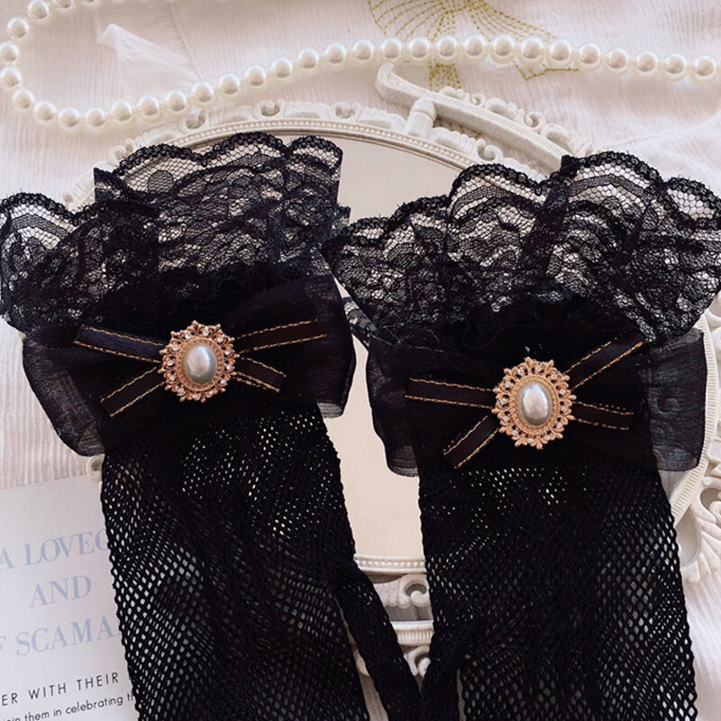Японские мягкие кружевные перчатки черного и белого цвета для девочек, сетчатые кружевные перчатки в стиле "Лолита" с бантом и цветами, милые перчатки для косплея горничной, ювелирные изделия