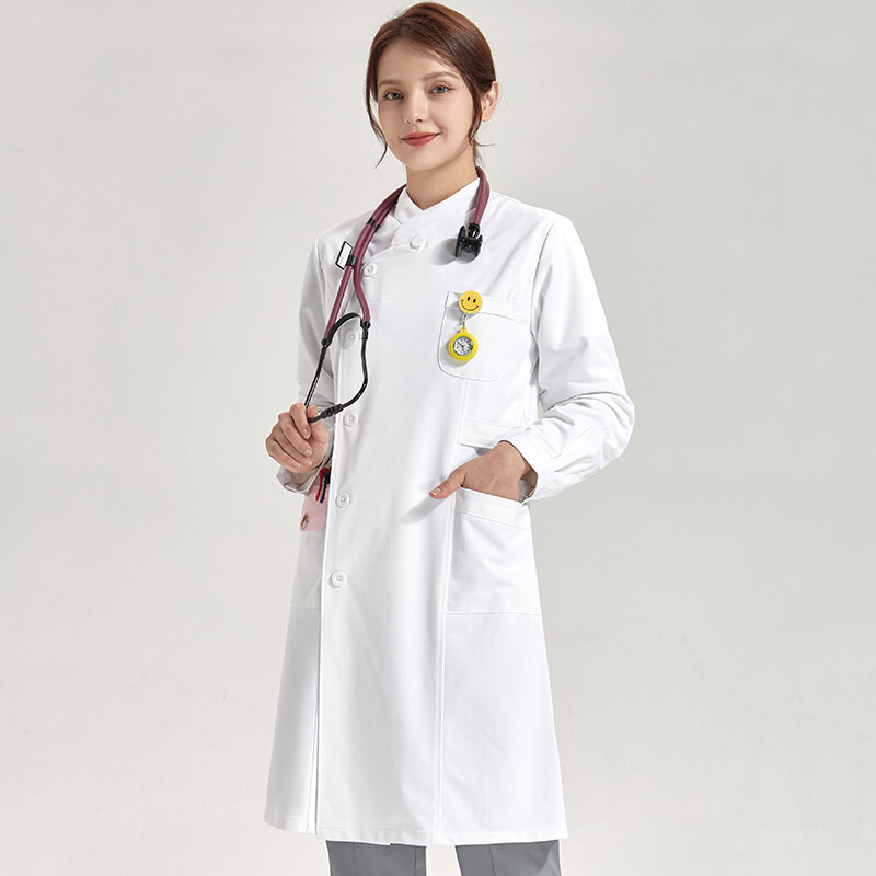 Robe médicale asymétrique, tunique blanche pour infirmières et esthéticiennes à manches longues, uniforme de travail pour les soins infirmiers, 801-03