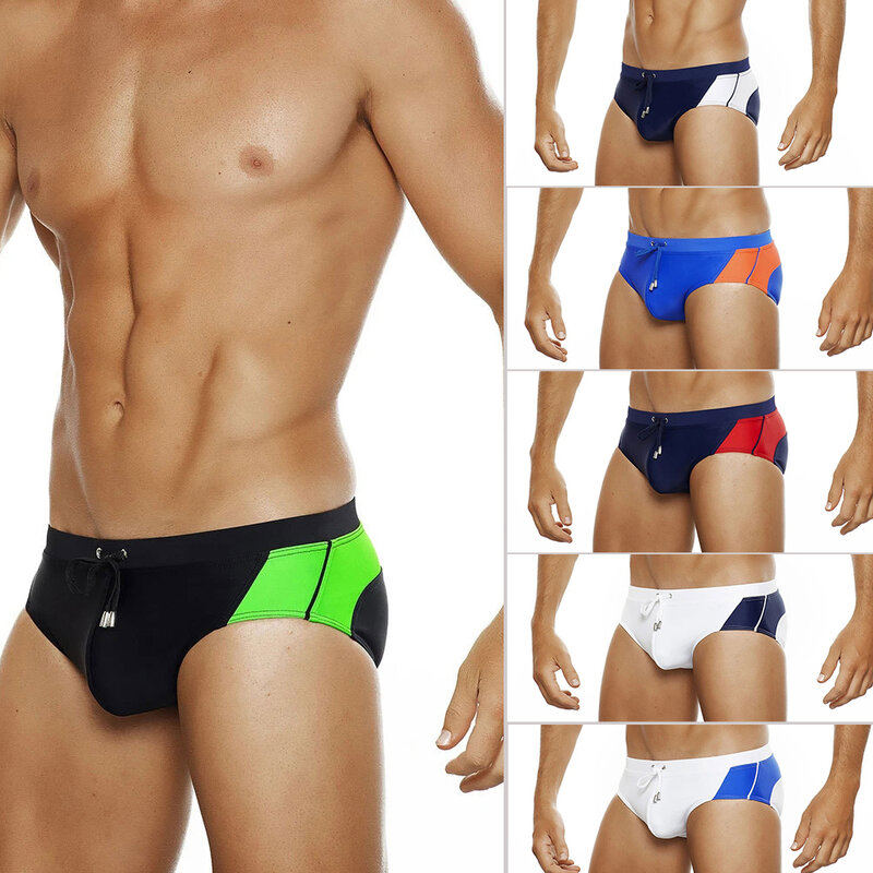 European and American Summer Colorblock Triangle Swimsuit Men's Lace-Up Swim Beach Board Shorts Swimming Trunks With Push Pads