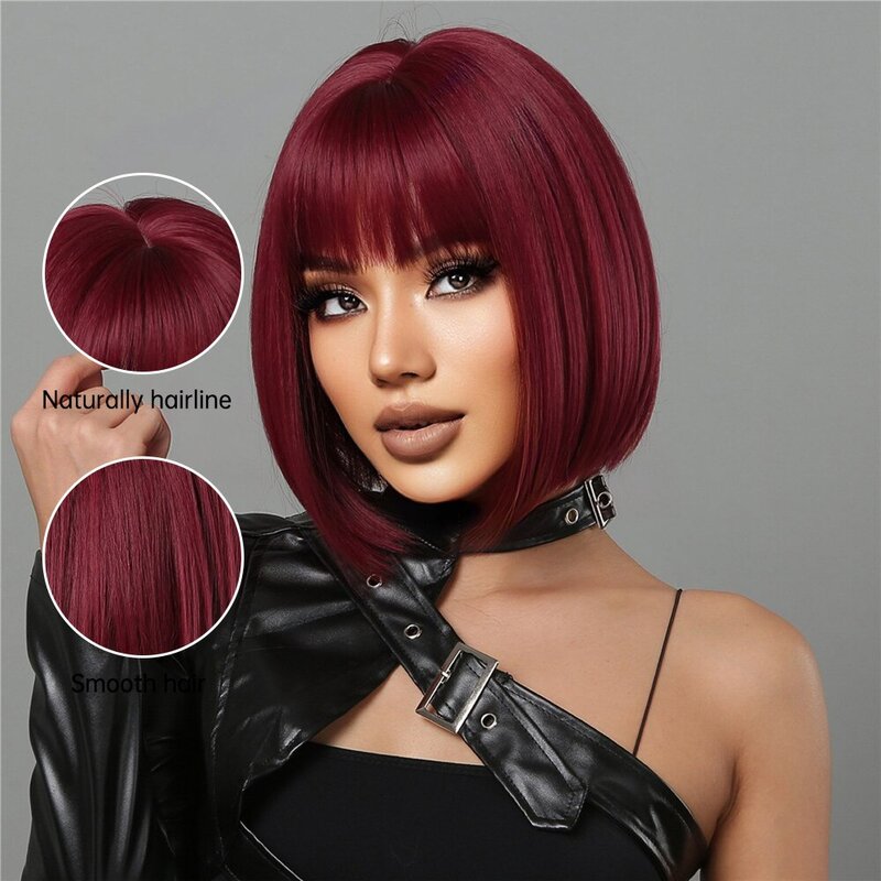 Короткие винно-красные парики боб для женщин Бордовые парики боб с толстой челкой Термостойкий синтетический парик