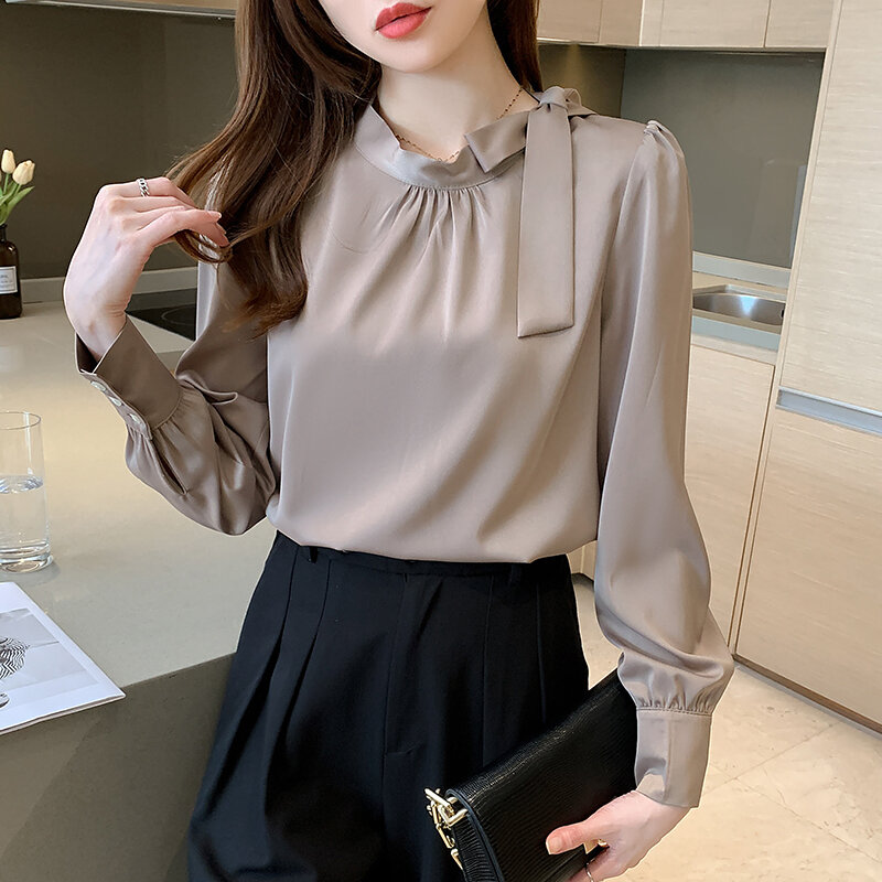 เสื้อเบลาส์สีกาแฟแบบเกาหลีสำหรับผู้หญิงเสื้อ2023โบว์สำนักงานแขนยาวหรูหราใหม่สำหรับฤดูใบไม้ร่วง