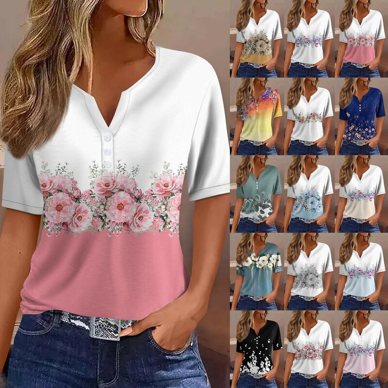 Camiseta con estampado de plantas para mujer, jerséis Vintage con cuello en V, botones, manga corta, Jersey de algodón, Y2k