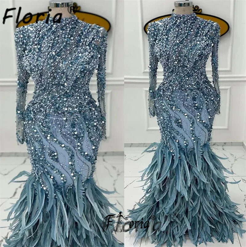 Luxury Fully Feather Beads Formal Evening Gowns Dubai Woman Long Sleeves Mermaid Special Occasion Dress Wedding Party Prom Robes