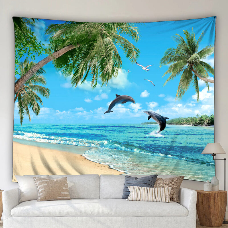 Permadani pantai Samudra pemandangan alam pohon kelapa tropis tepi pantai pemandangan rumah dekorasi ruangan asrama kain latar belakang permadani dapat dicuci