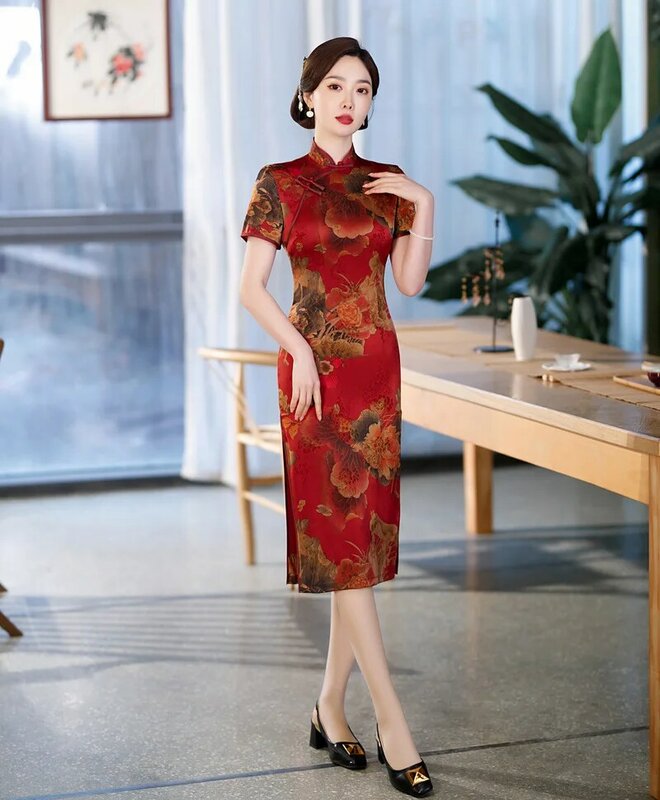 Verão de manga curta longa Cheongsam chinês tradicional roupas mulheres cetim estampa floral vestido qipao