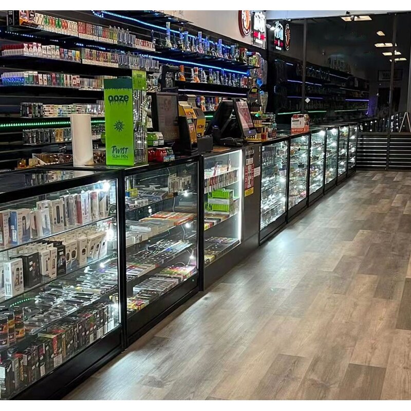 Mostrador de vidrio LED personalizado, 48 pulgadas, marco de aluminio, escaparate de tienda de humo para venta al por menor